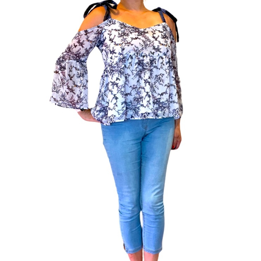 LOFT Mid sleeve Floral Boho off shoulder Blouse Blue Top M MP